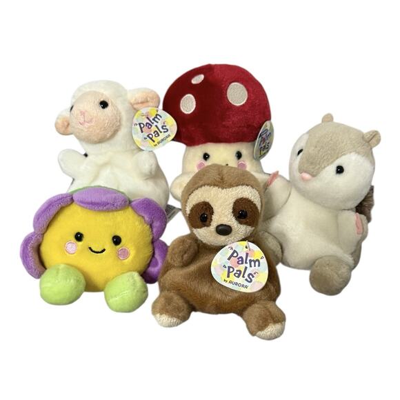 Aurora Palm Pals Plush Lot of 5 Sloth Mushroom Flower Lamb Chipmunk Stuffed Toys - Picture 1 of 4